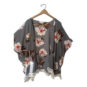 Gray floral Umgee kimono cardigan with white tassels size‎ S/ M